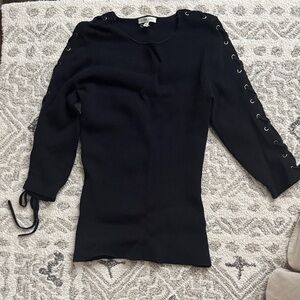 Black Ronny Kobo Lace-Up Sleeve Ribbed Top
